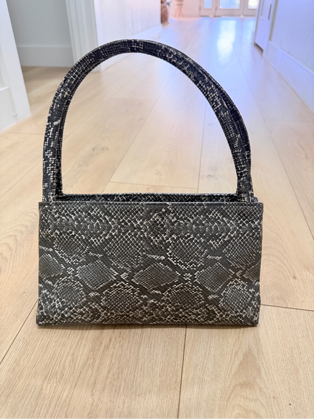 Faux Snake-Embossed Gray Shoulder Bag with Top Handle